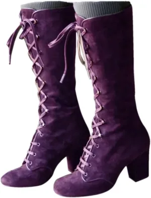 Knee High Boots Women Riding Boots for Women Lace Up Extra Wide Calf Boots Mid Chunky Heel Round Toe Booties Fashion Faux Suede Winter Boot Comfort Slouchy Bootie for Christmas Party Travel