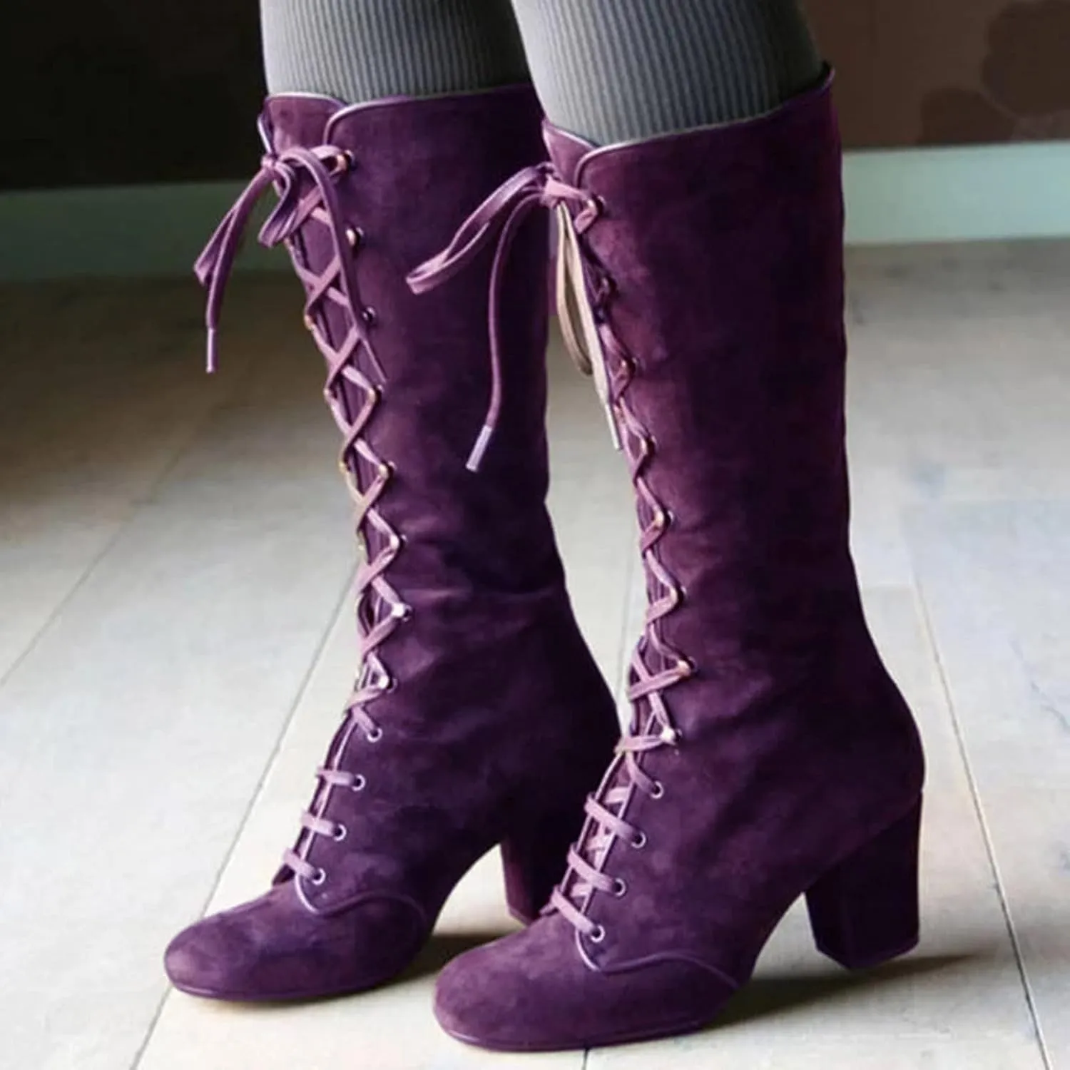 Knee High Boots Women Riding Boots for Women Lace Up Extra Wide Calf Boots Mid Chunky Heel Round Toe Booties Fashion Faux Suede Winter Boot Comfort Slouchy Bootie for Christmas Party Travel