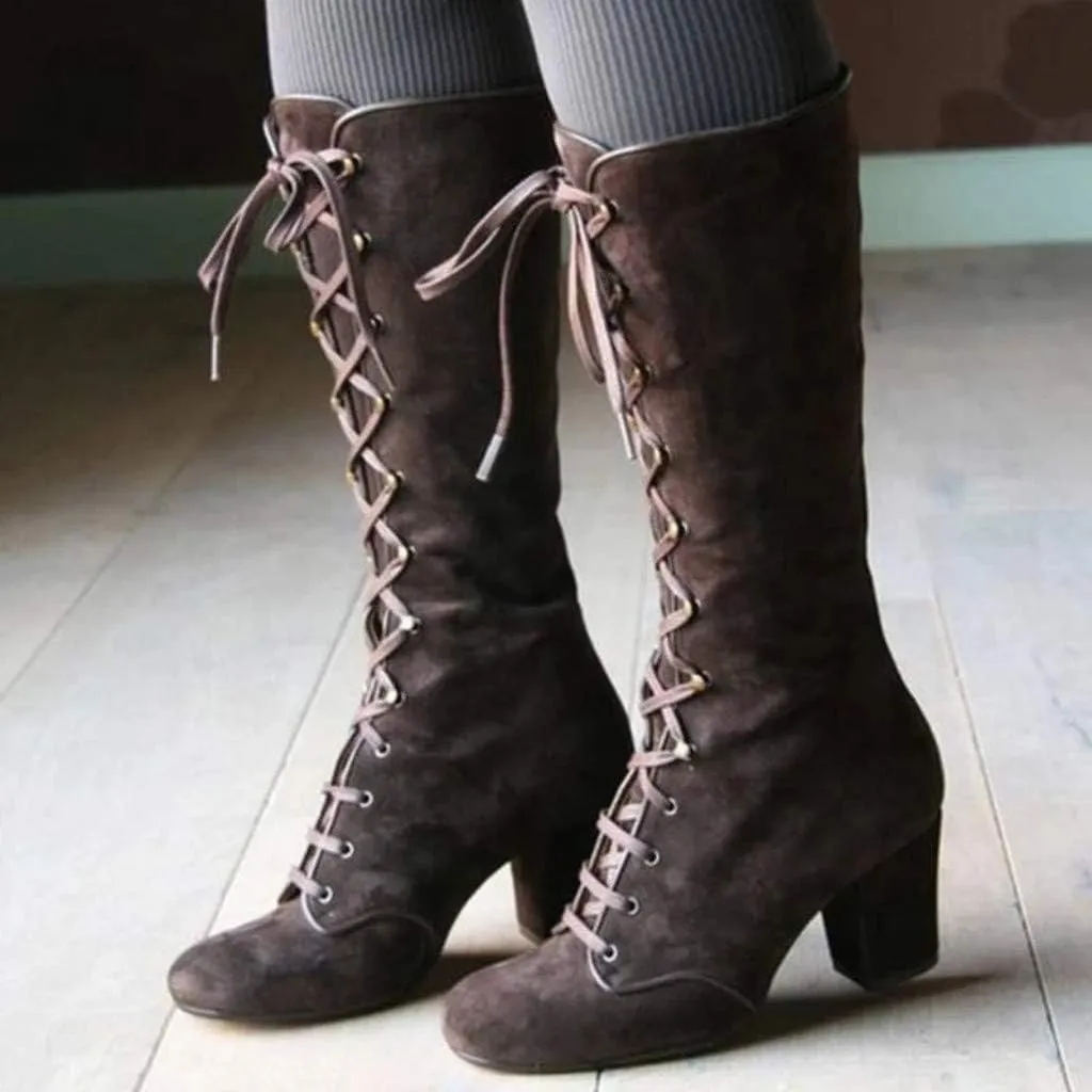 Knee High Boots Women Riding Boots for Women Lace Up Extra Wide Calf Boots Mid Chunky Heel Round Toe Booties Fashion Faux Suede Winter Boot Comfort Slouchy Bootie for Christmas Party Travel