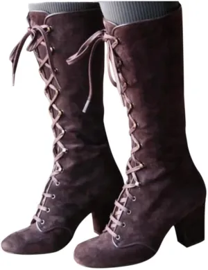 Knee High Boots Women Riding Boots for Women Lace Up Extra Wide Calf Boots Mid Chunky Heel Round Toe Booties Fashion Faux Suede Winter Boot Comfort Slouchy Bootie for Christmas Party Travel