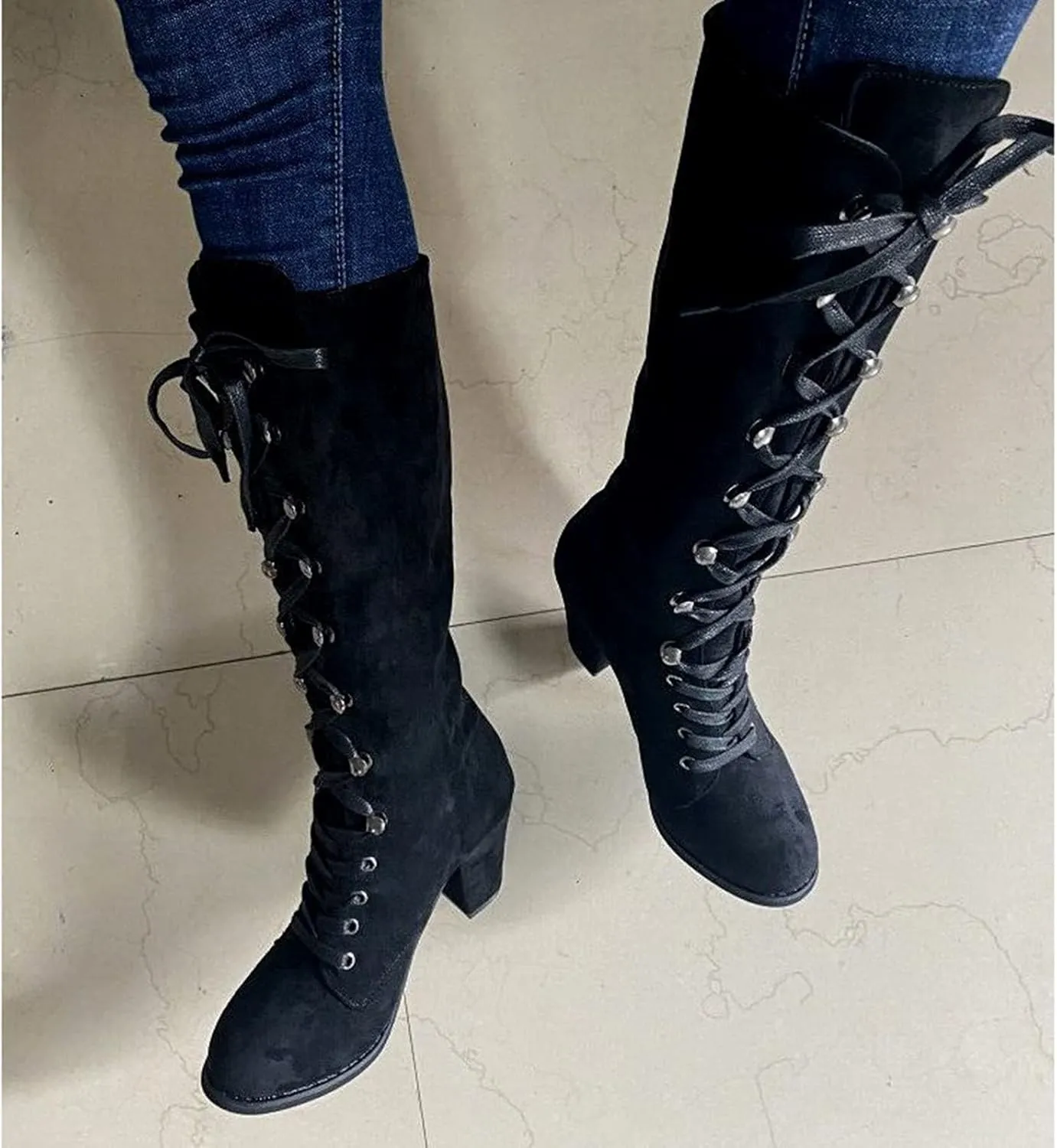 Knee High Boots Women Riding Boots for Women Lace Up Extra Wide Calf Boots Mid Chunky Heel Round Toe Booties Fashion Faux Suede Winter Boot Comfort Slouchy Bootie for Christmas Party Travel