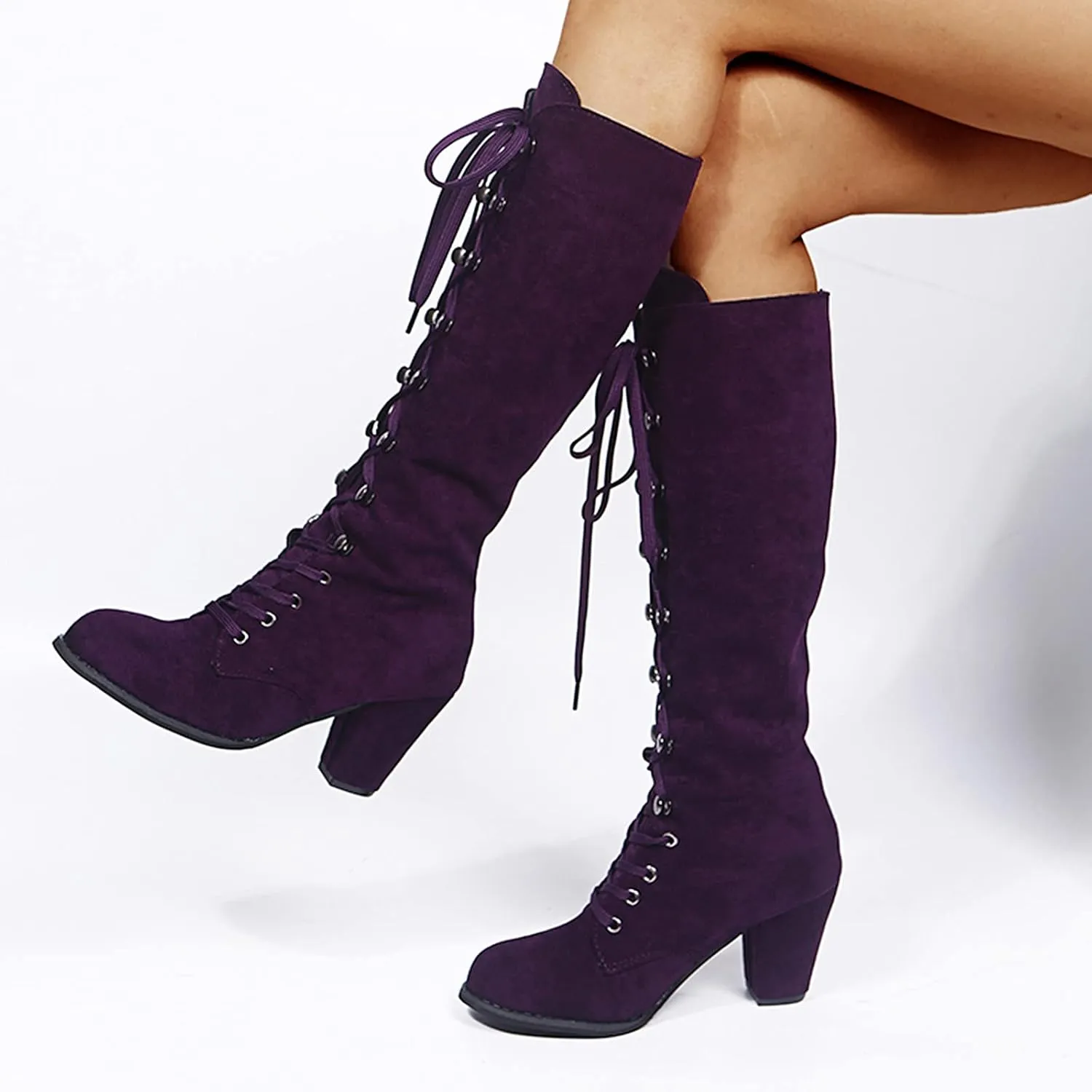 Knee High Boots Women Riding Boots for Women Lace Up Extra Wide Calf Boots Mid Chunky Heel Round Toe Booties Fashion Faux Suede Winter Boot Comfort Slouchy Bootie for Christmas Party Travel