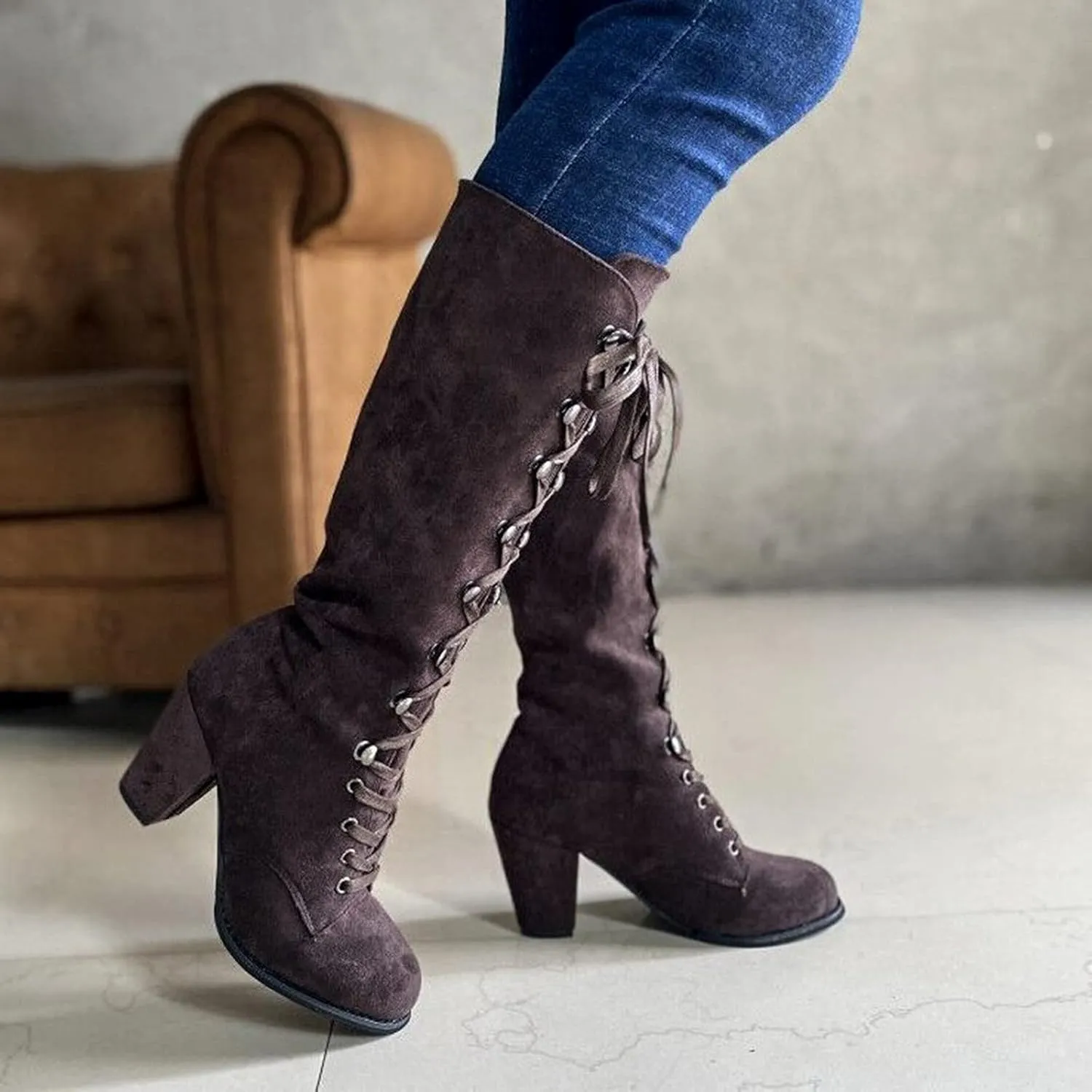 Knee High Boots Women Riding Boots for Women Lace Up Extra Wide Calf Boots Mid Chunky Heel Round Toe Booties Fashion Faux Suede Winter Boot Comfort Slouchy Bootie for Christmas Party Travel
