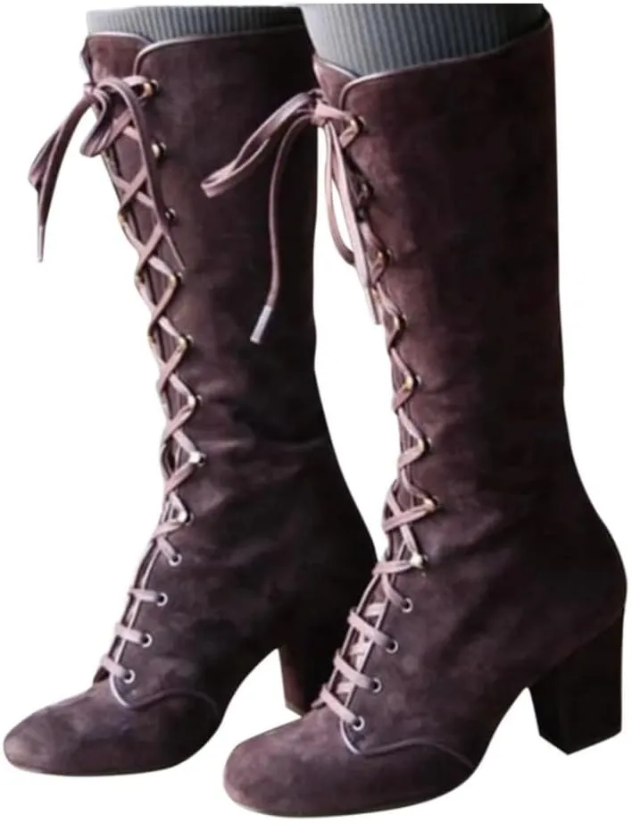 Knee High Boots Women Riding Boots for Women Lace Up Extra Wide Calf Boots Mid Chunky Heel Round Toe Booties Fashion Faux Suede Winter Boot Comfort Slouchy Bootie for Christmas Party Travel