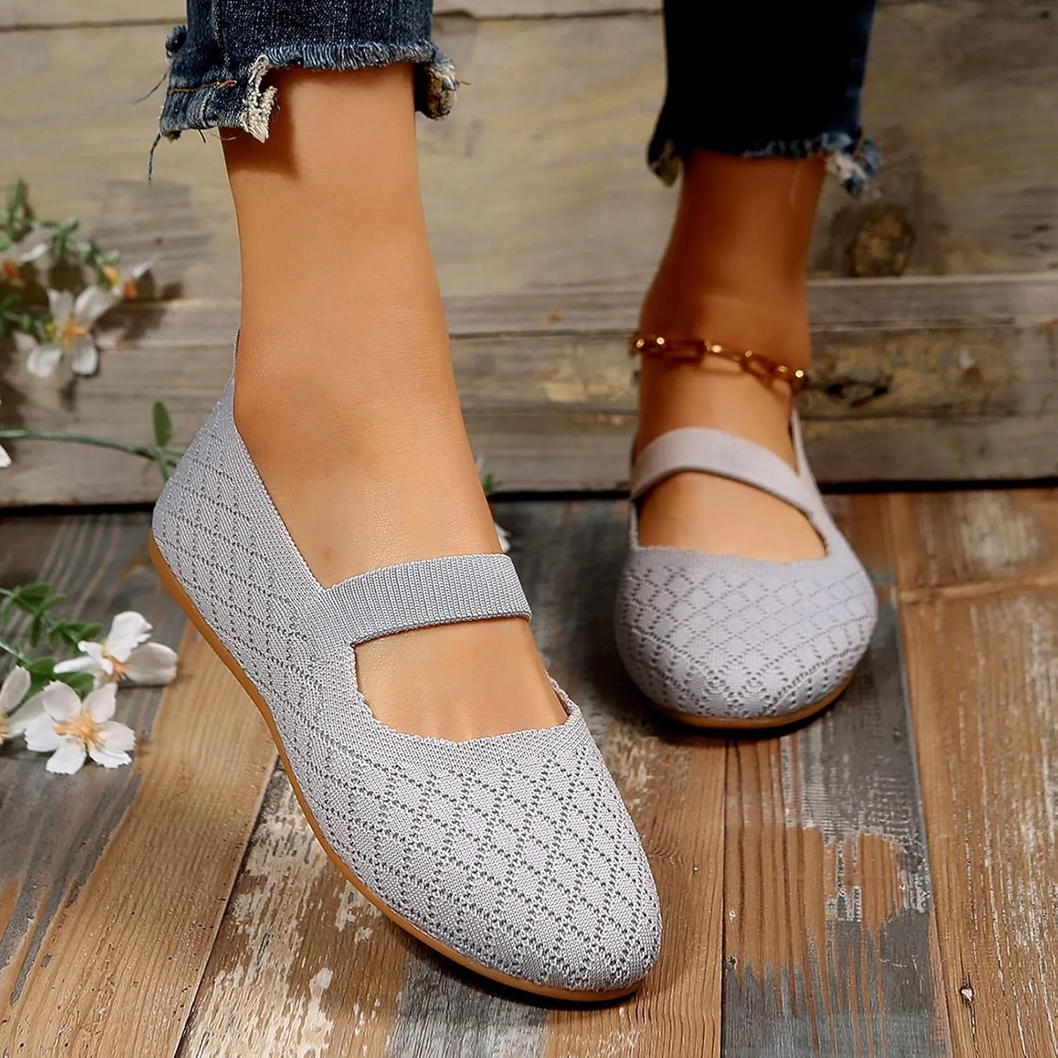Ladies Fashion Breathable Plaid Mesh Comfortable Flat Sole Casual Shoes Women Fashion Casual Flat Shoes (Grey, 7)