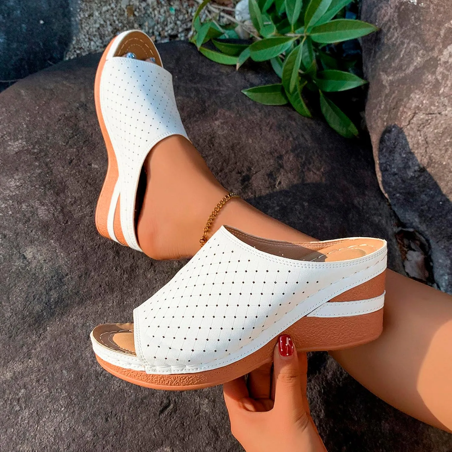 Ladies Flower Sandal Slippers Summer Slope Heel Fish Mouth Women's Casual Roman High Heel Sandal Slippers Ladies Slides