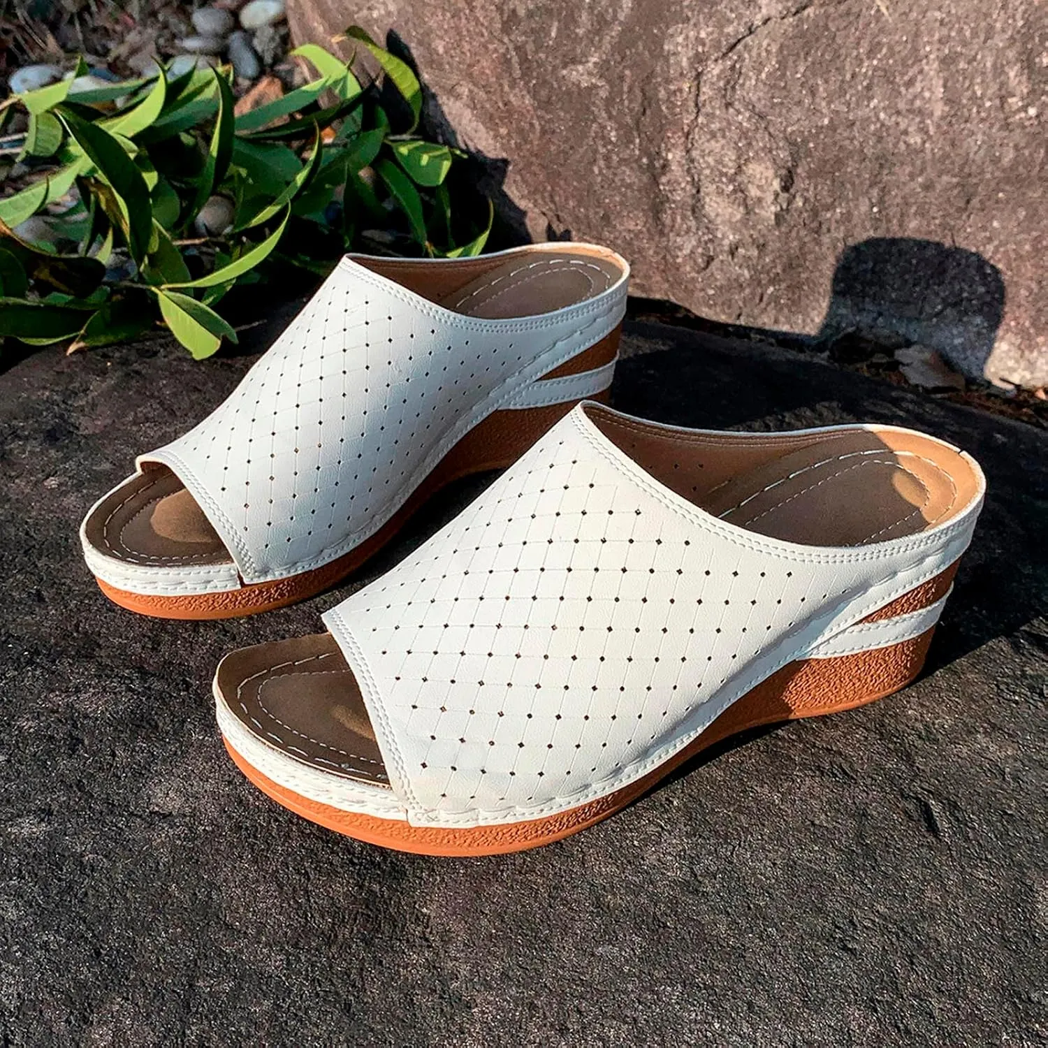 Ladies Flower Sandal Slippers Summer Slope Heel Fish Mouth Women's Casual Roman High Heel Sandal Slippers Ladies Slides
