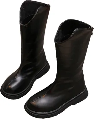 Leather aterproof Boots For Girls Kids Mid Length Zipper ow Heel Shoes Childrens Soft Non Slip Dress Dance Shoes