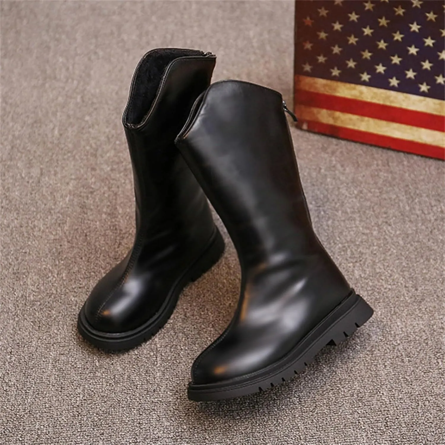 Leather aterproof Boots For Girls Kids Mid Length Zipper ow Heel Shoes Childrens Soft Non Slip Dress Dance Shoes