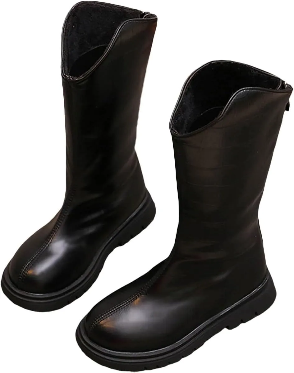 Leather aterproof Boots For Girls Kids Mid Length Zipper ow Heel Shoes Childrens Soft Non Slip Dress Dance Shoes