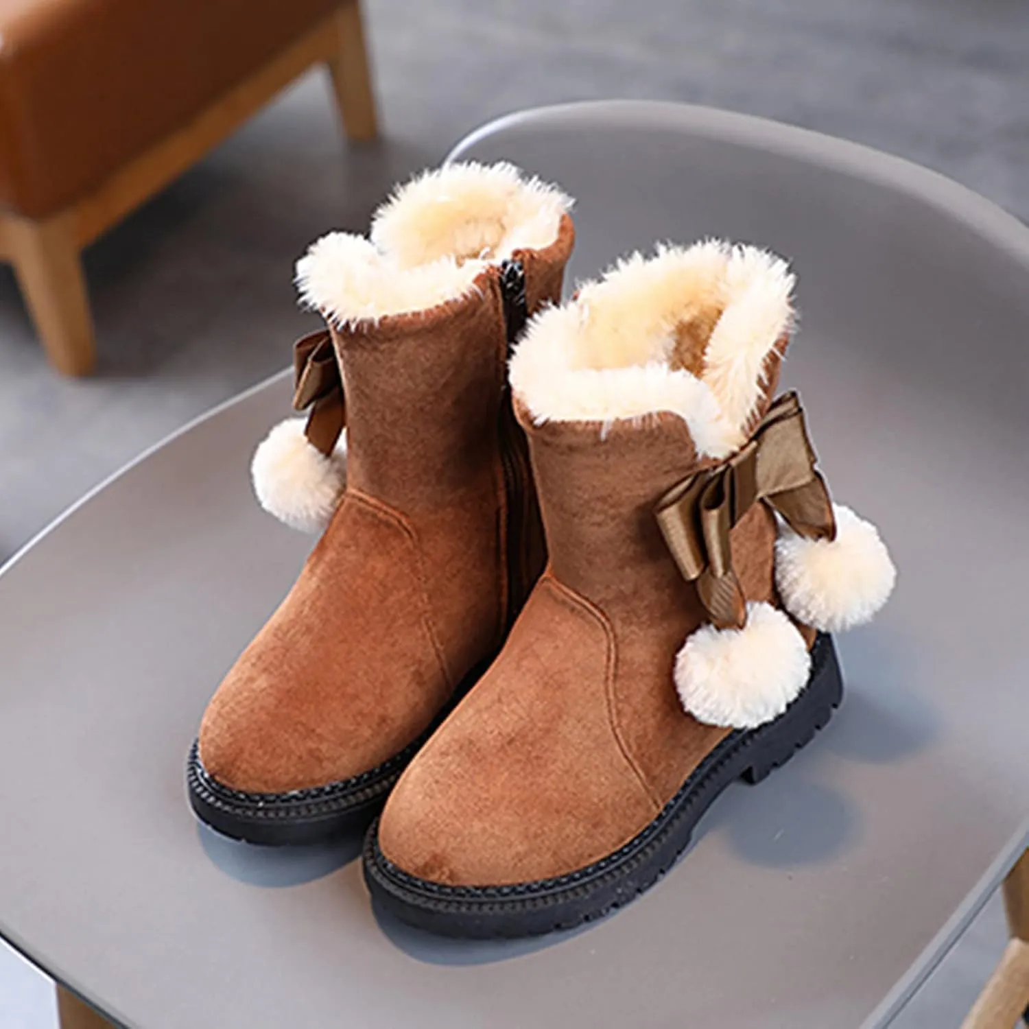 Little Girls Tassel Suede Ankle Boots Side Zipper Short Booties Winter Kids Winter Warm Fuzzy Mid-Calf Snow Booties