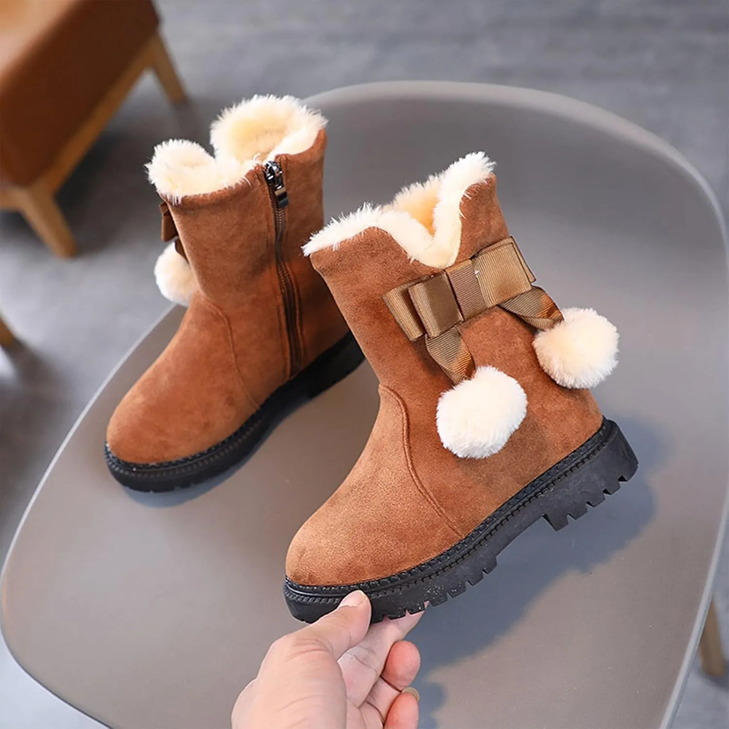 Little Girls Tassel Suede Ankle Boots Side Zipper Short Booties Winter Kids Winter Warm Fuzzy Mid-Calf Snow Booties