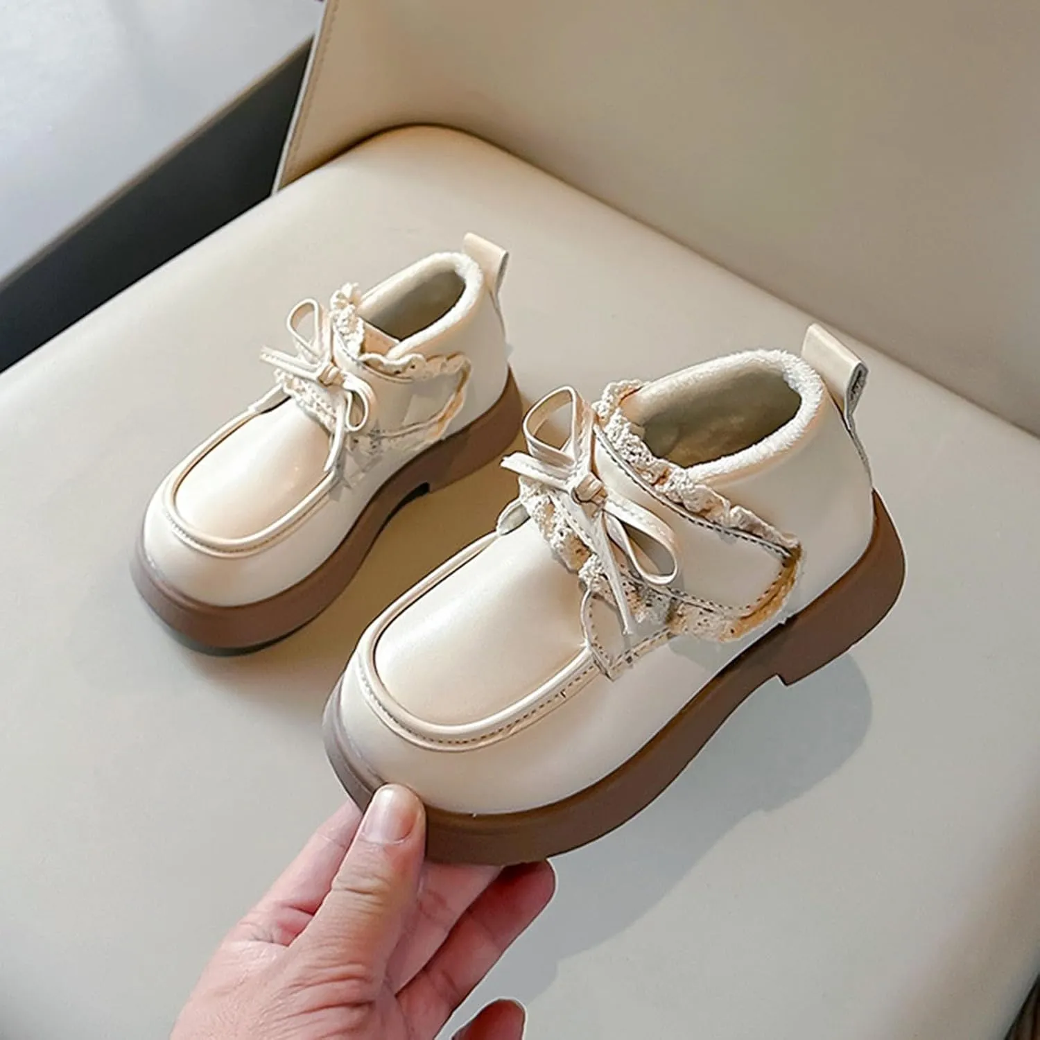 Little Girls Winter Cute Bowknot Short Dress Boot Princess Low Heel Anti Slip Comfortable Fashion Leather Shoes