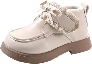 Little Girls Winter Cute Bowknot Short Dress Boot Princess Low Heel Anti Slip Comfortable Fashion Leather Shoes