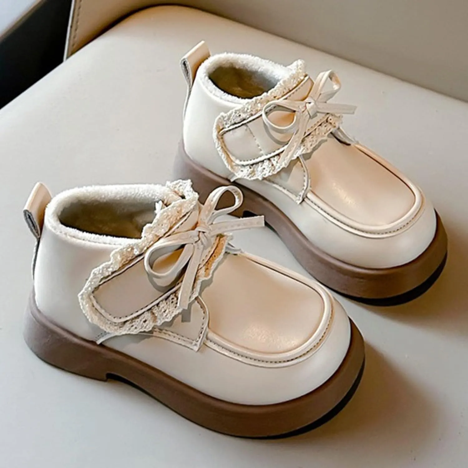 Little Girls Winter Cute Bowknot Short Dress Boot Princess Low Heel Anti Slip Comfortable Fashion Leather Shoes
