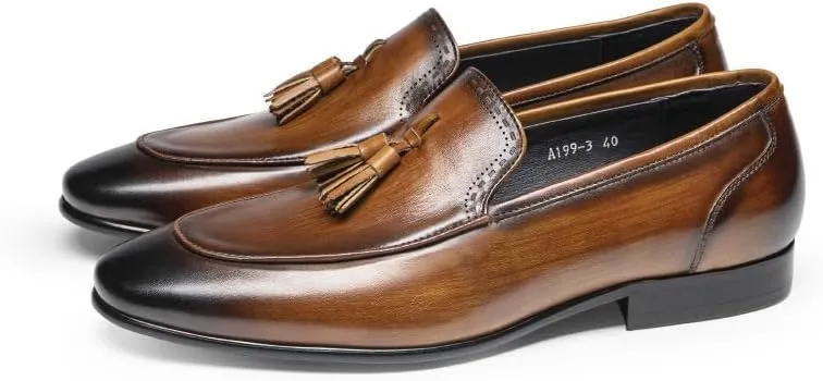 Loafers for Men Pointed Burnished Toe Tassel Genuine Leather Flexible Anti-Slip Flat Heel Outdoor Wedding Slip-on