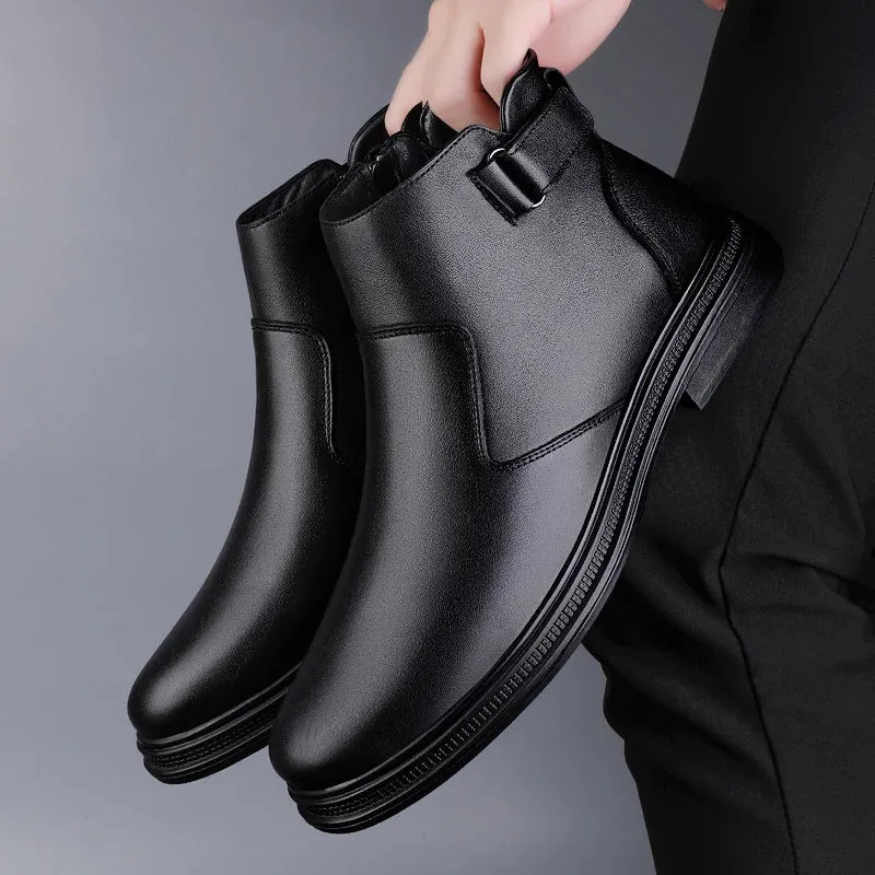 Luxury Men's Chelsea Boots - Genuine Leather, Black, Warm Plush Winter Ankle Boots for Casual & Outdoor Wear