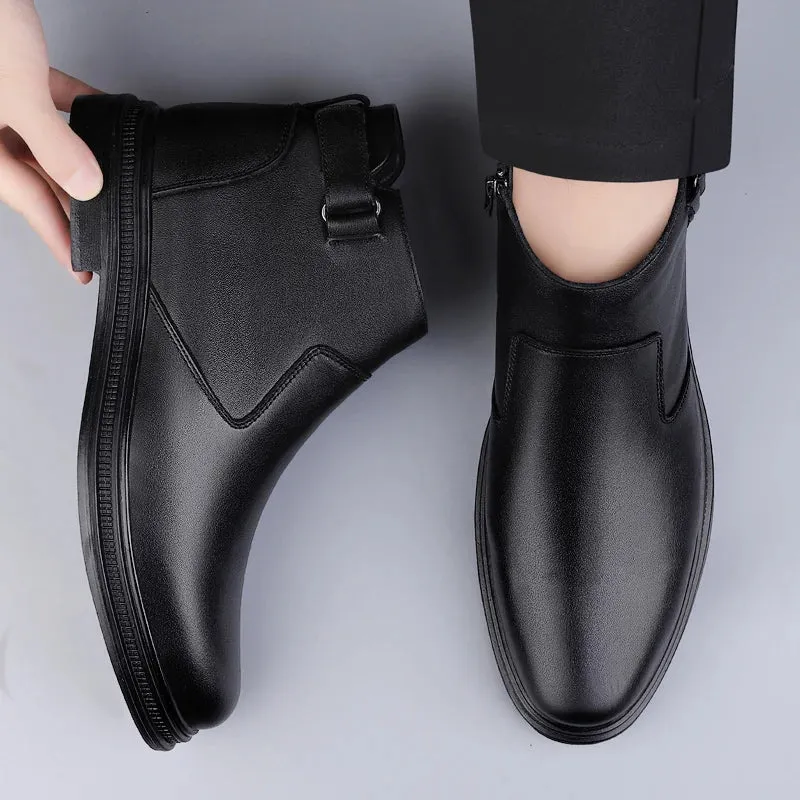 Luxury Men's Chelsea Boots - Genuine Leather, Black, Warm Plush Winter Ankle Boots for Casual & Outdoor Wear