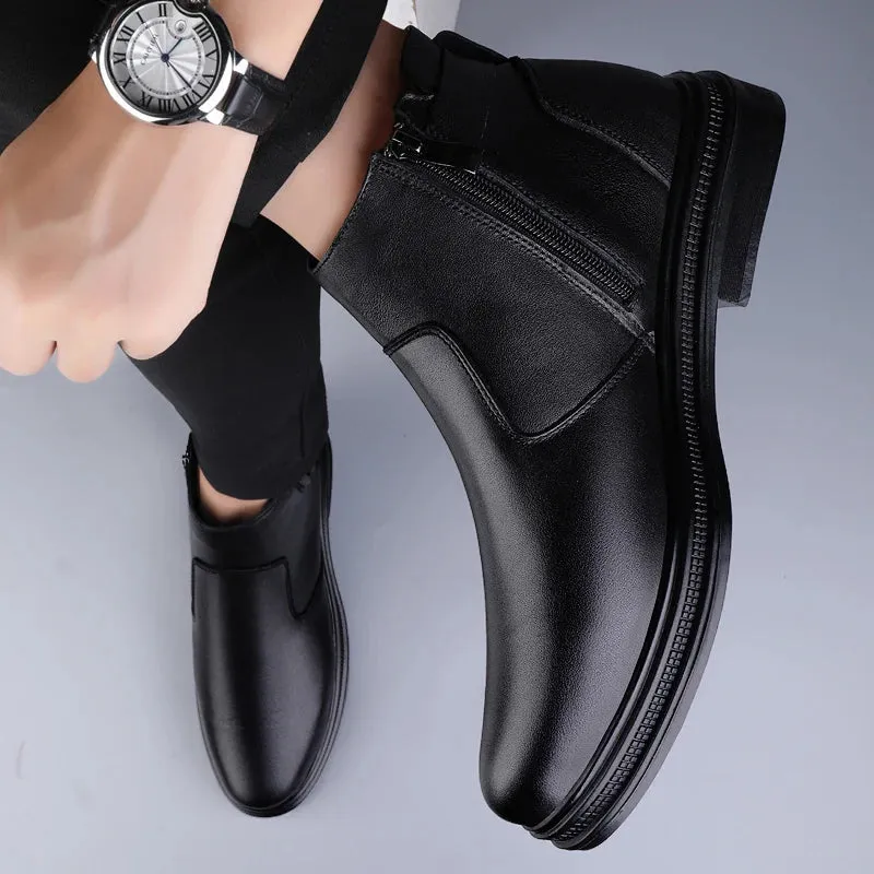 Luxury Men's Chelsea Boots - Genuine Leather, Black, Warm Plush Winter Ankle Boots for Casual & Outdoor Wear