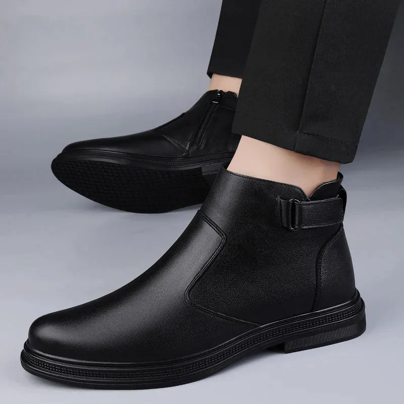 Luxury Men's Chelsea Boots - Genuine Leather, Black, Warm Plush Winter Ankle Boots for Casual & Outdoor Wear