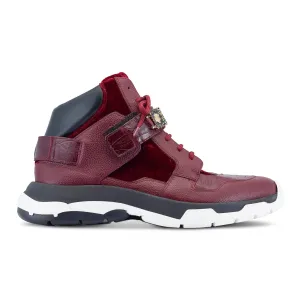 Mauri Luxury 8491 Men's Shoes Ruby Red Exotic Crocodile / Velvet / Calf-Skin Leather Casual High-Top Sneakers (MA5498)
