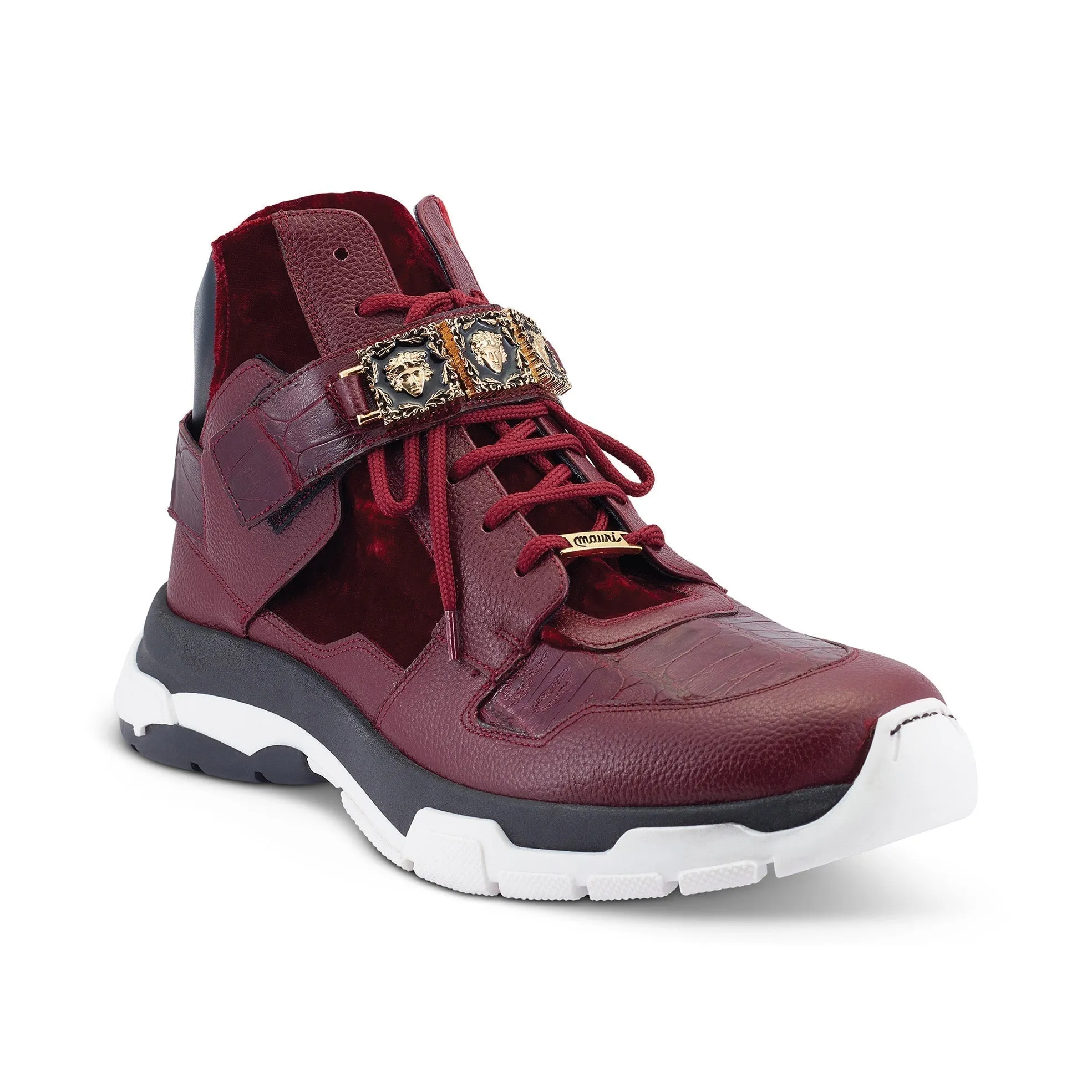 Mauri Luxury 8491 Men's Shoes Ruby Red Exotic Crocodile / Velvet / Calf-Skin Leather Casual High-Top Sneakers (MA5498)