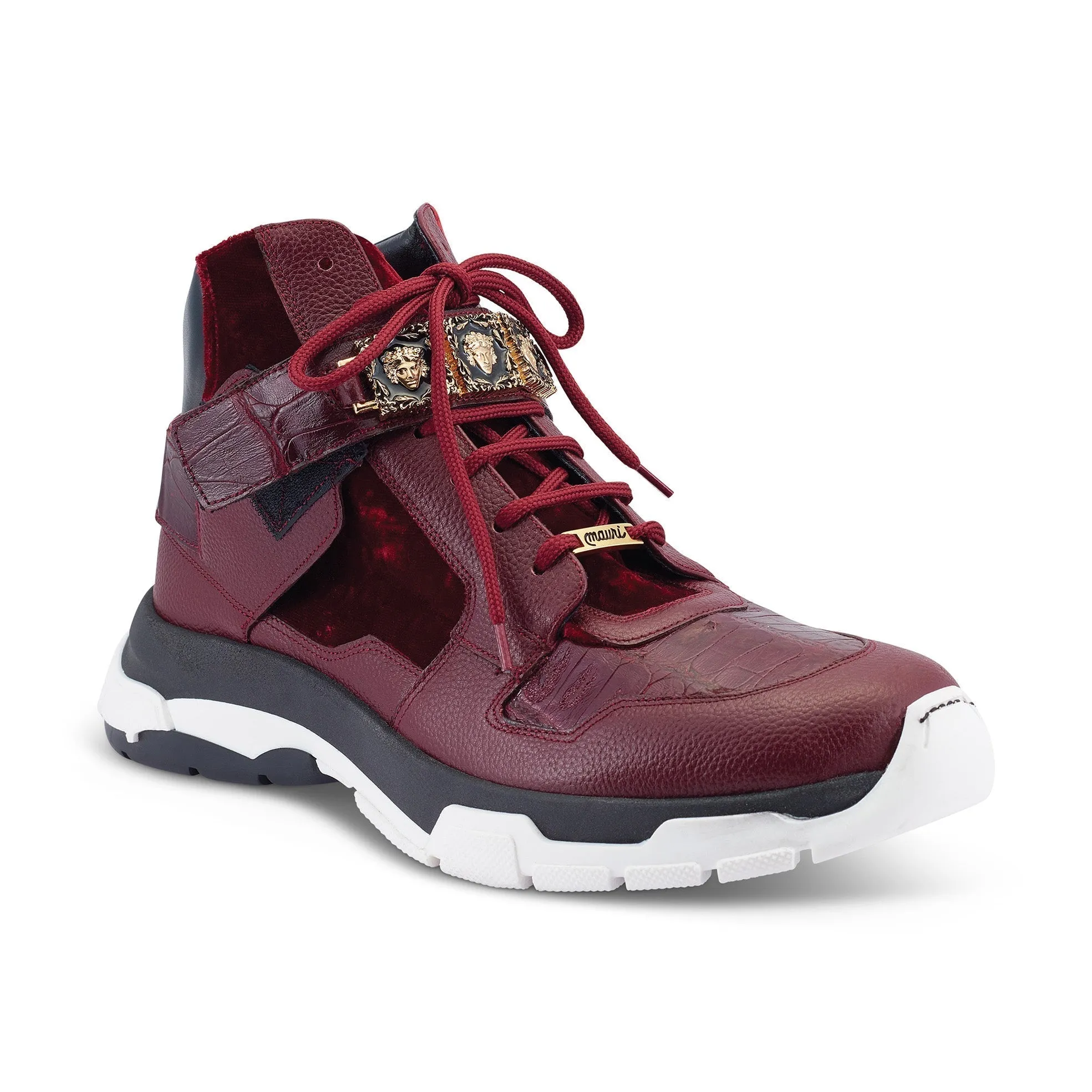 Mauri Luxury 8491 Men's Shoes Ruby Red Exotic Crocodile / Velvet / Calf-Skin Leather Casual High-Top Sneakers (MA5498)
