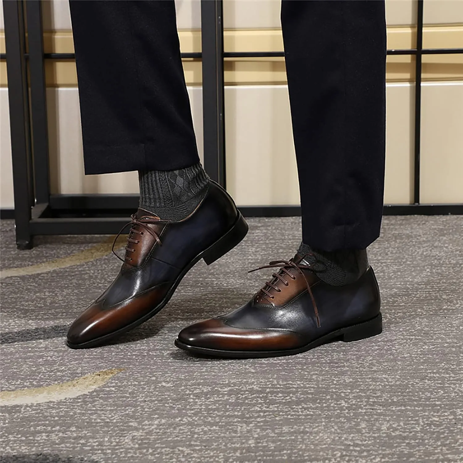 Men Brown and Blue Uniform Leather Shoes Formal Dress Lace Up Derbys Work Office Oxfords Wedding Party,Blue-40