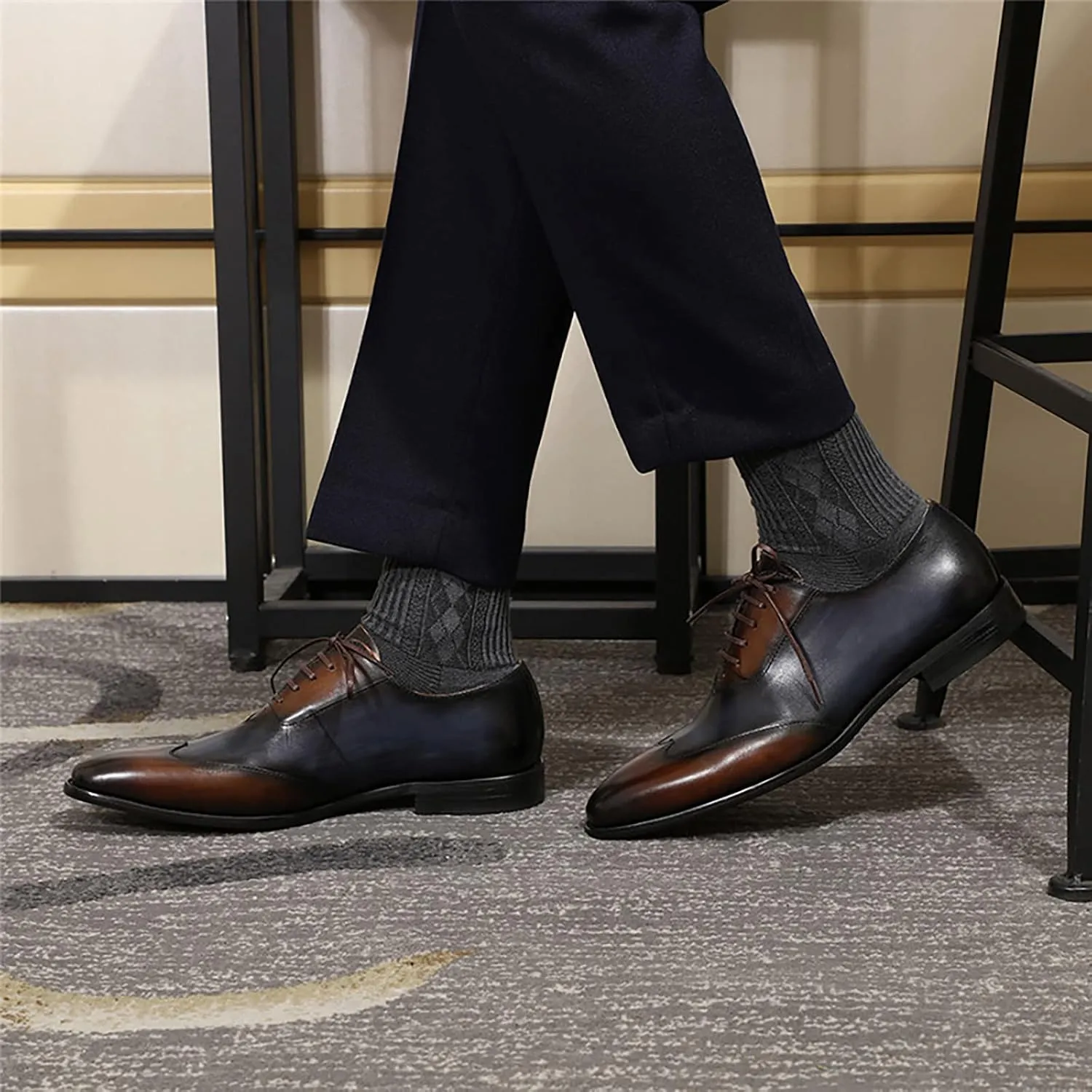 Men Brown and Blue Uniform Leather Shoes Formal Dress Lace Up Derbys Work Office Oxfords Wedding Party,Blue-40