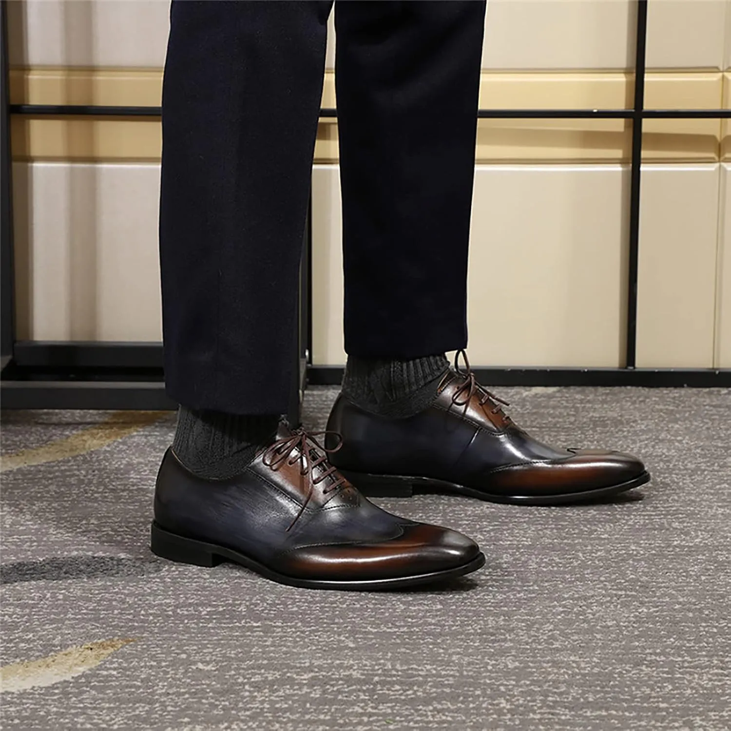 Men Brown and Blue Uniform Leather Shoes Formal Dress Lace Up Derbys Work Office Oxfords Wedding Party,Blue-40