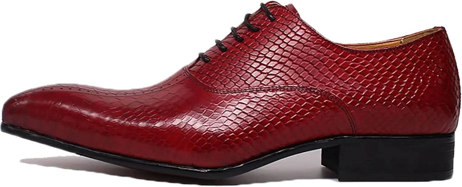 Men Business Casual Dress Shoes Wedding Formal Lace-Up Oxfords Cowhide Wingtip Derbys Pointed Toe Brogues,Red-40
