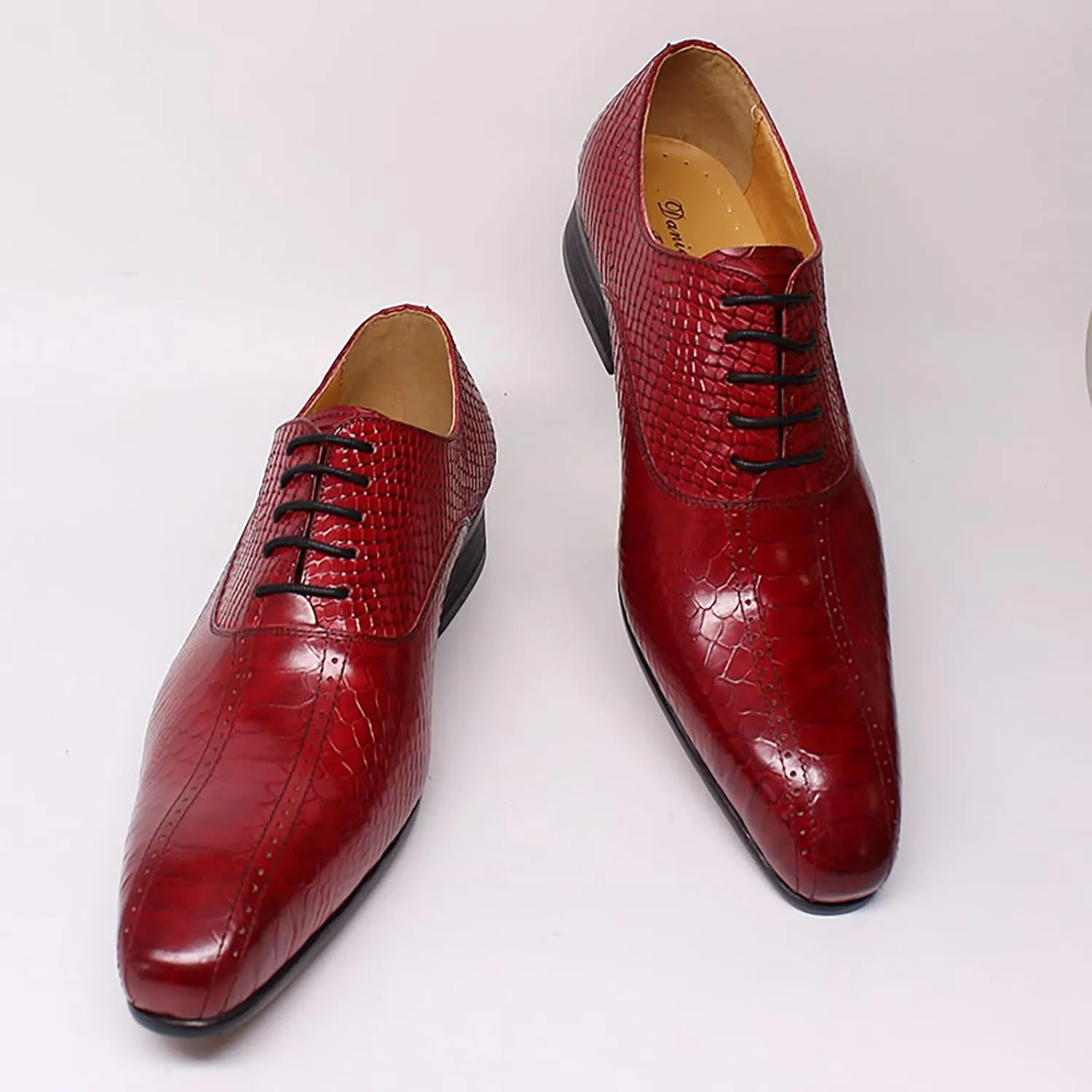 Men Business Casual Dress Shoes Wedding Formal Lace-Up Oxfords Cowhide Wingtip Derbys Pointed Toe Brogues,Red-40