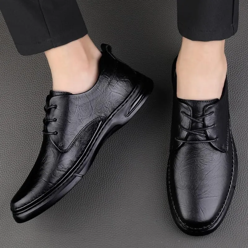 Men Casual Soft Sole Leather Shoes Classic Black Lace-up Loafers Comfortable Low Top Non Slip Oxford Shoes