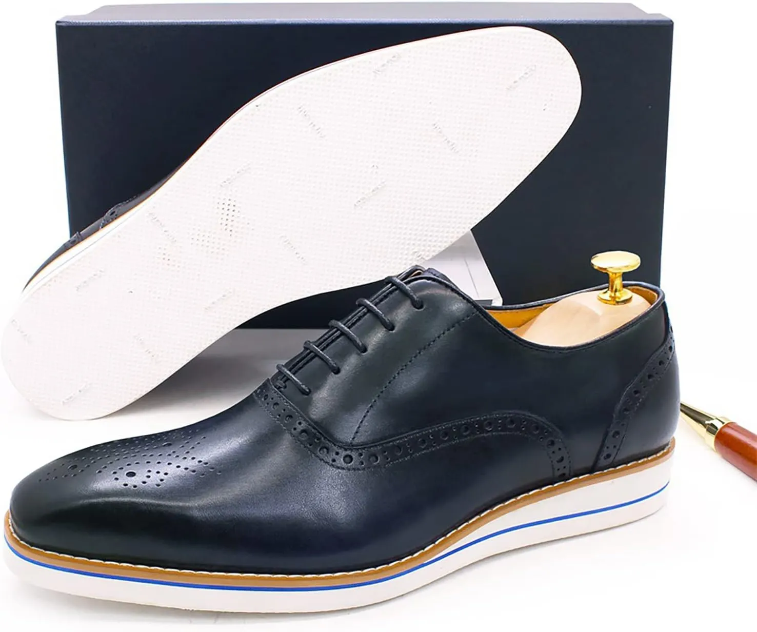 Men Dress Leather Lace-up Brogues Formal Oxfords Business Casual Wingtip Wedding Party Derbys,Blue-38