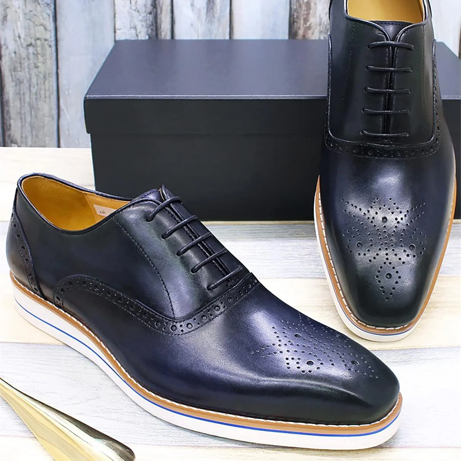 Men Dress Leather Lace-up Brogues Formal Oxfords Business Casual Wingtip Wedding Party Derbys,Blue-38