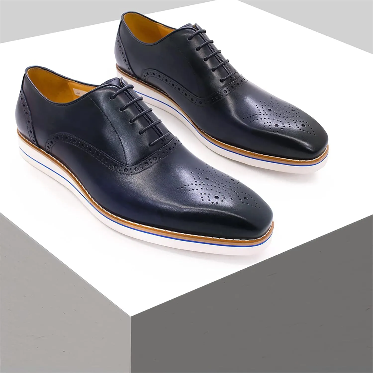 Men Dress Leather Lace-up Brogues Formal Oxfords Business Casual Wingtip Wedding Party Derbys,Blue-38