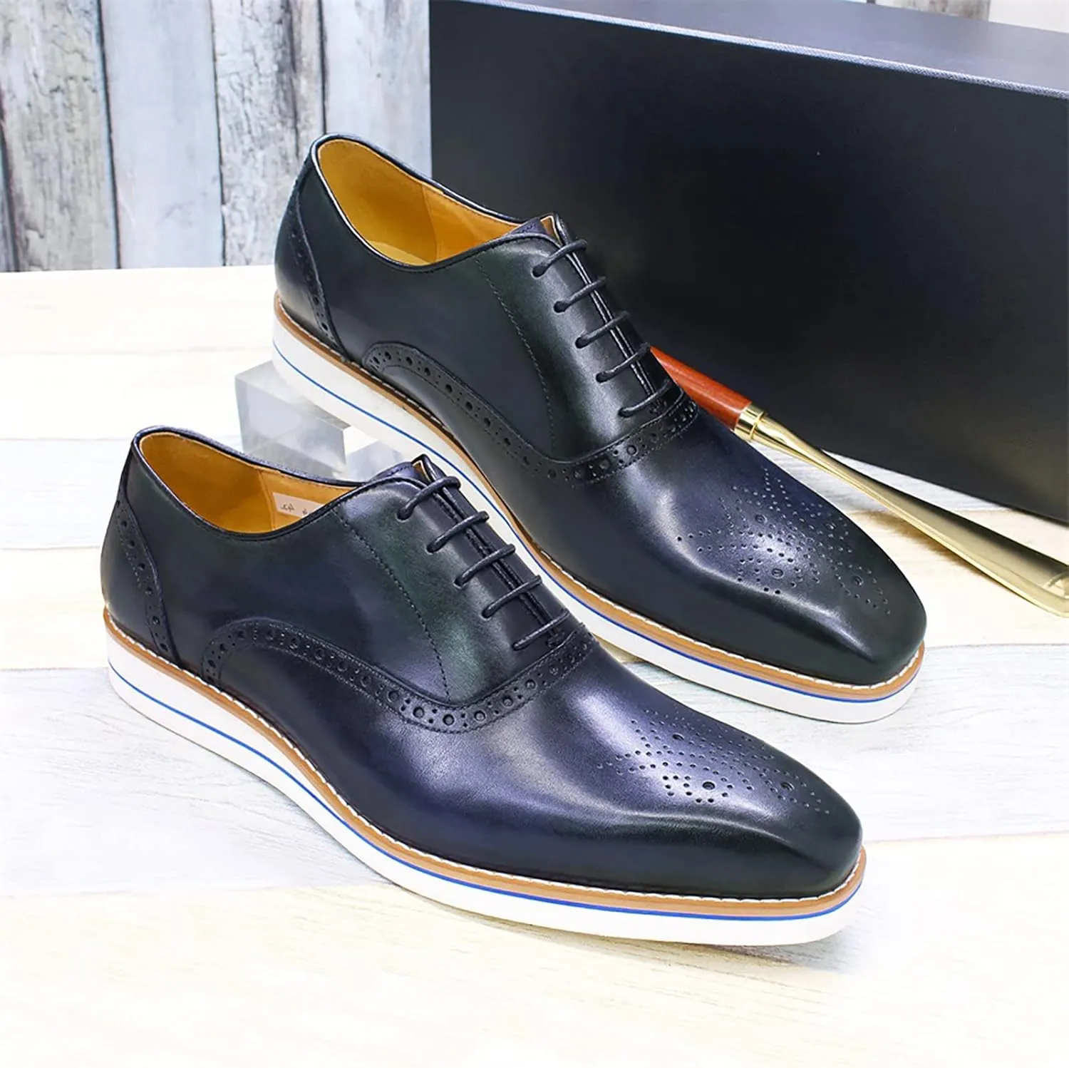 Men Dress Leather Lace-up Brogues Formal Oxfords Business Casual Wingtip Wedding Party Derbys,Blue-38