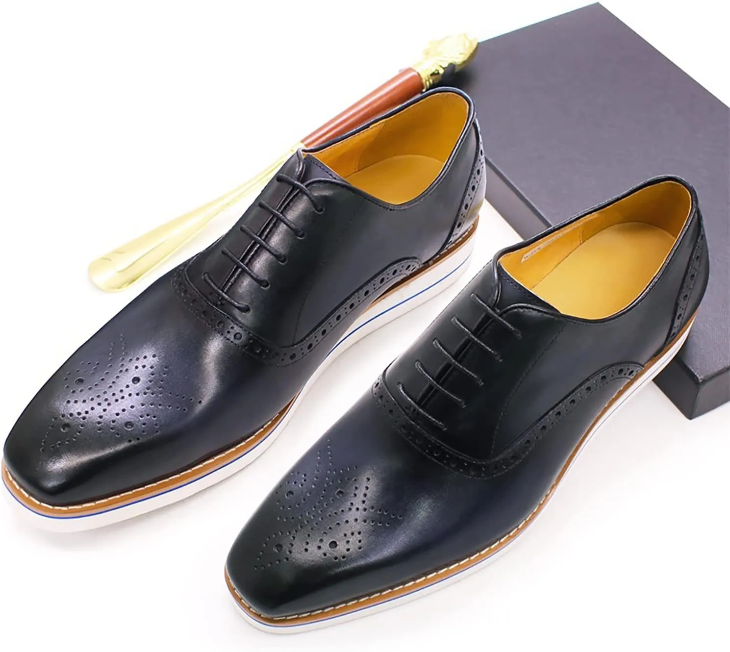 Men Dress Leather Lace-up Brogues Formal Oxfords Business Casual Wingtip Wedding Party Derbys,Blue-38