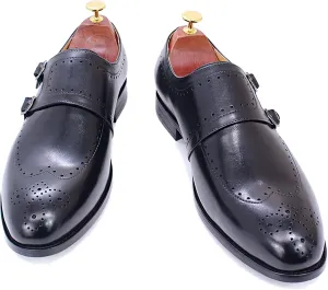 Men Formal Dress Double Monk Shoes Leather Buckle Derbys Wingtip Brogues Smart Office Monk Strap Shoes,Black-44