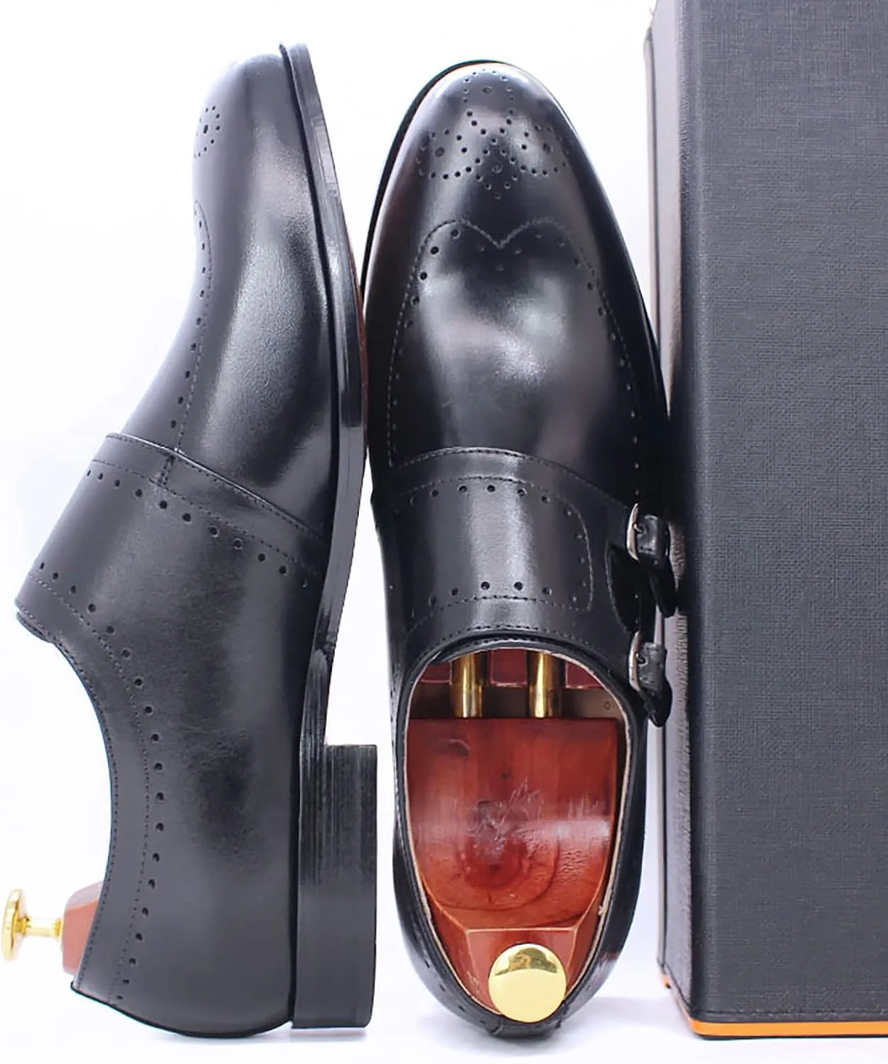 Men Formal Dress Double Monk Shoes Leather Buckle Derbys Wingtip Brogues Smart Office Monk Strap Shoes,Black-44