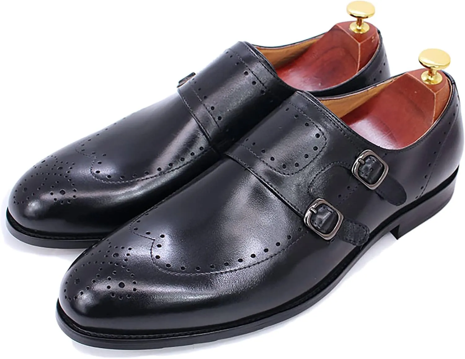 Men Formal Dress Double Monk Shoes Leather Buckle Derbys Wingtip Brogues Smart Office Monk Strap Shoes,Black-44