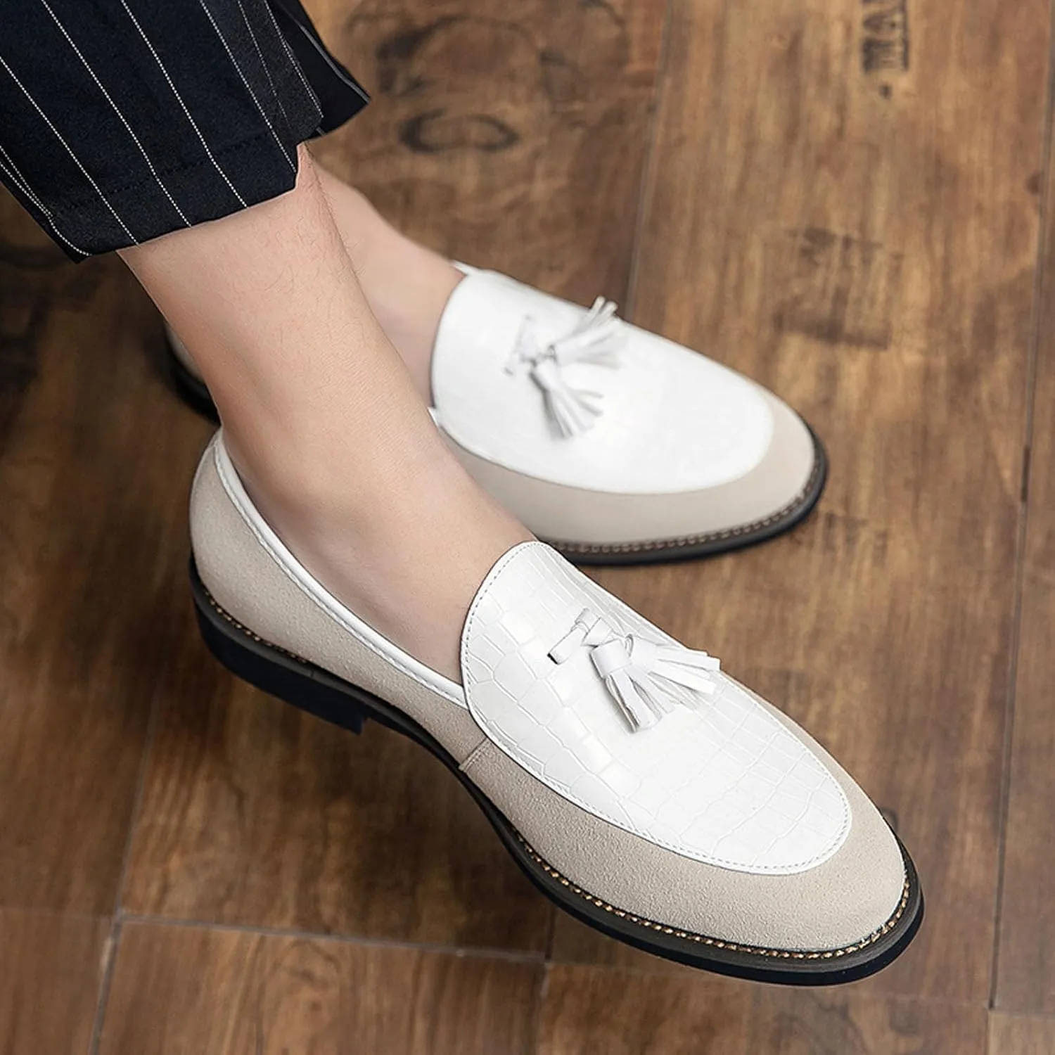 Men Suede Splicing Printed Tassel Penny Loafers Retro Luxury Low Heeled Fashion Slip On Flats Tassel Dress Shoes Comfort Non-Slip Business Formal Wedding Shoes