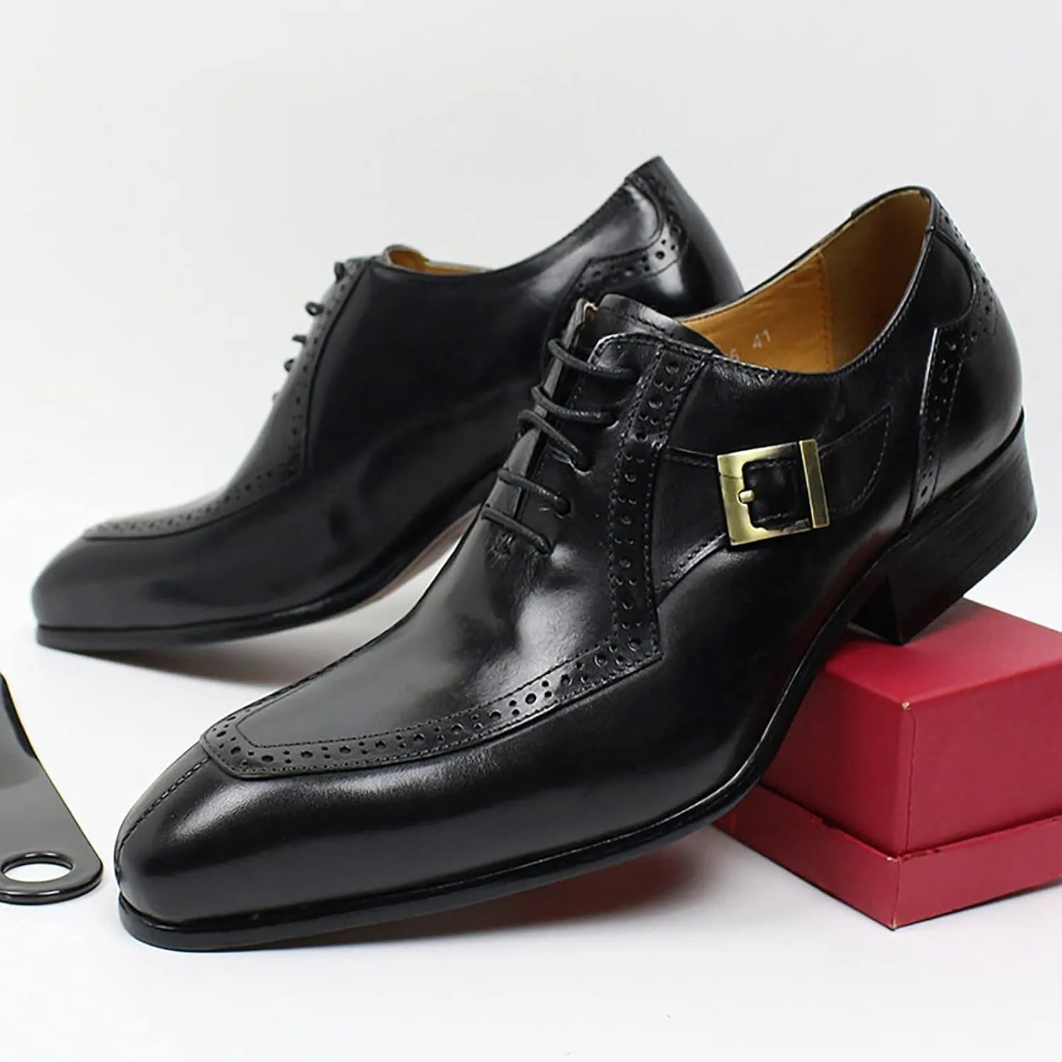 Men Work Uniform Leather Lace-up Brogues Formal Dress Retro Oxfords Wedding Party Derbys Breathable,Black-46