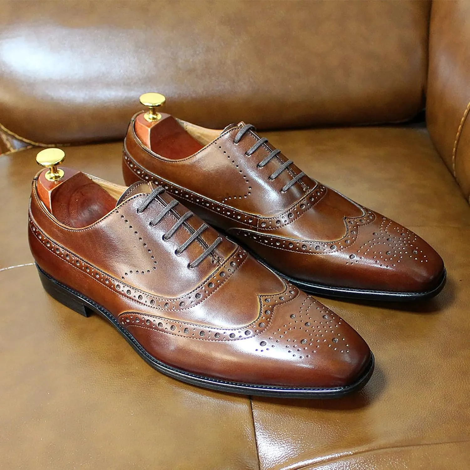 Mens Brogue Formal Dress Classic Oxfords Leather Lace-ups Work Uniform Wingtip Wedding Party Brogues Derbys,Brown-40