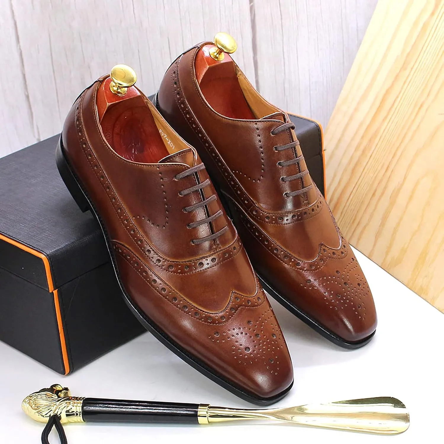 Mens Brogue Formal Dress Classic Oxfords Leather Lace-ups Work Uniform Wingtip Wedding Party Brogues Derbys,Brown-40