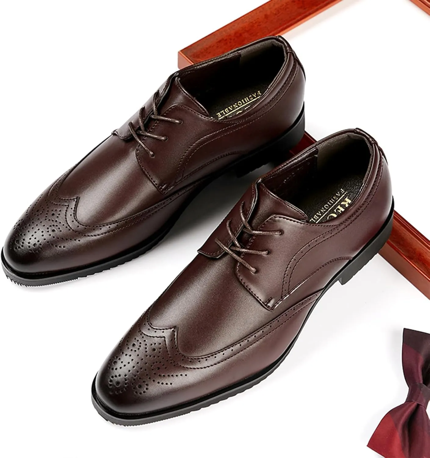 Men's Brogue Lace up Formal Leather Shoes Fashion Classic Business Low Top Wingtip Derby Shoes Comfortable Non Slip Oxford Dress Shoes