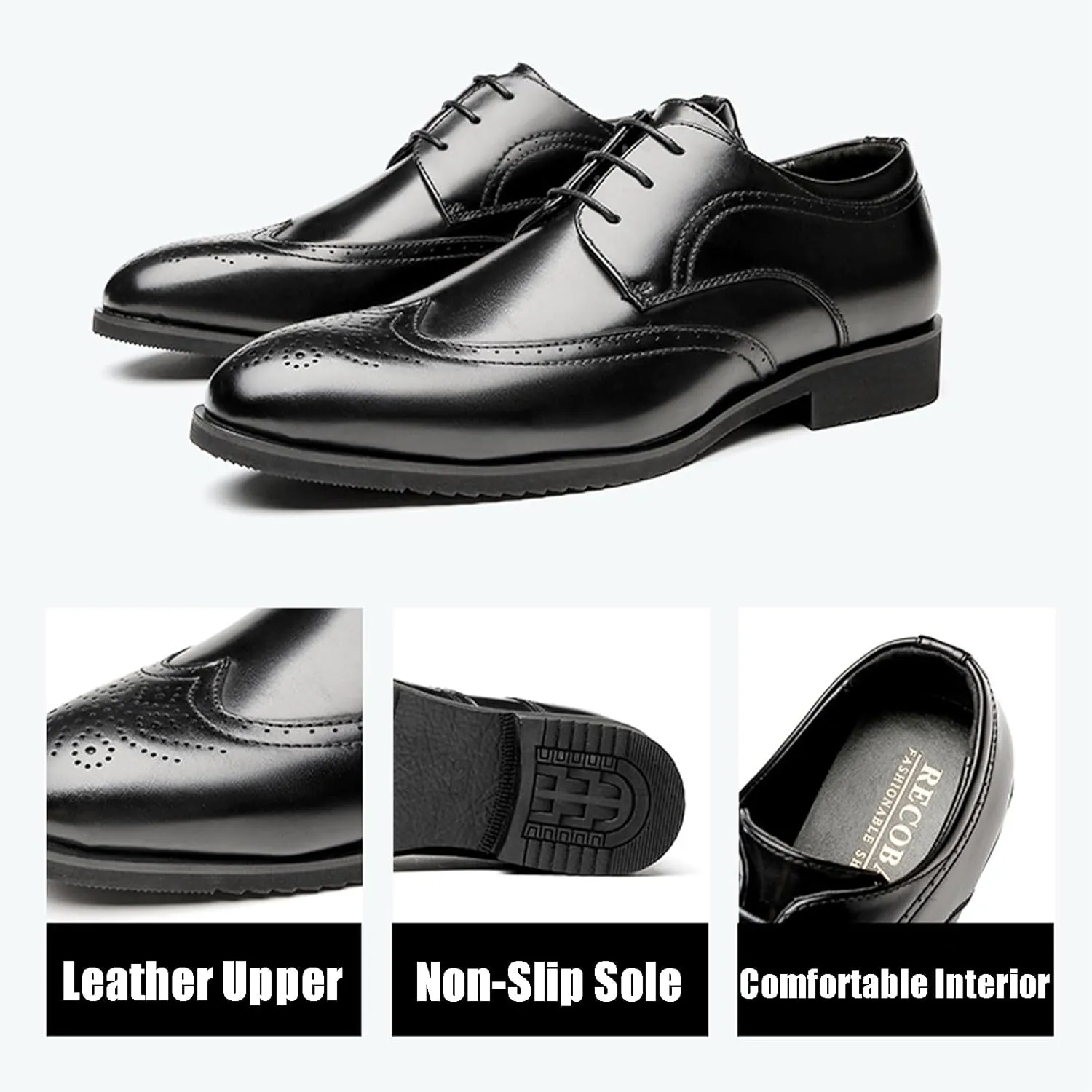Men's Brogue Lace up Formal Leather Shoes Fashion Classic Business Low Top Wingtip Derby Shoes Comfortable Non Slip Oxford Dress Shoes