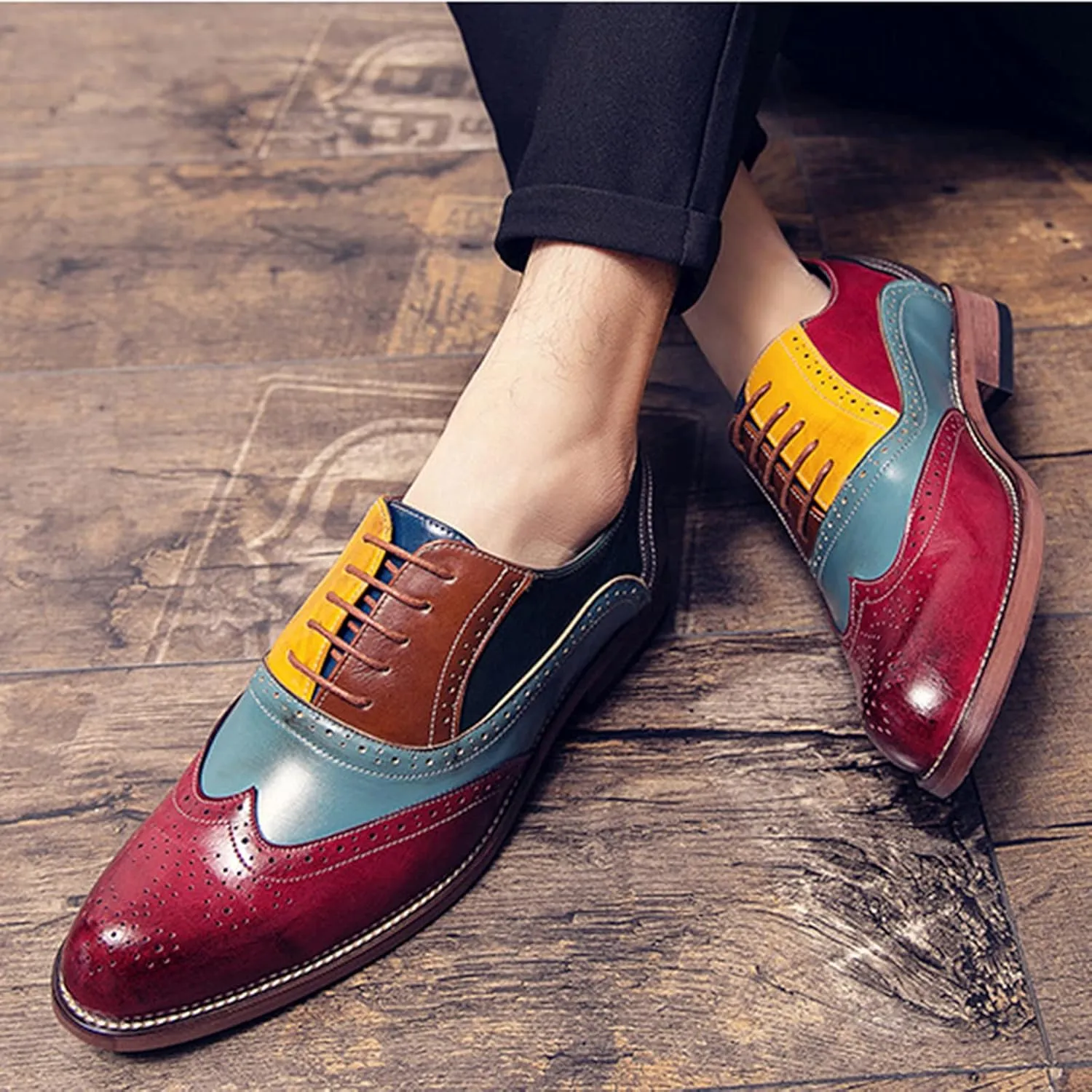 Men's Brogues Derbys Formal Shoes Lace Up Oxfords Leather Smart Wedding Office Dress Oxford Shoes for Business Red- US10/UK9/EU43