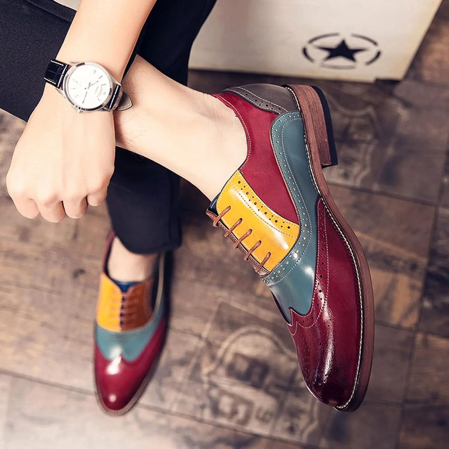 Men's Brogues Derbys Formal Shoes Lace Up Oxfords Leather Smart Wedding Office Dress Oxford Shoes for Business Red- US10/UK9/EU43