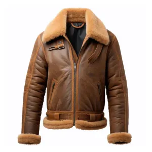 Men's Brown B3 Faux Shearling Zipper Pockets Leather Jacket